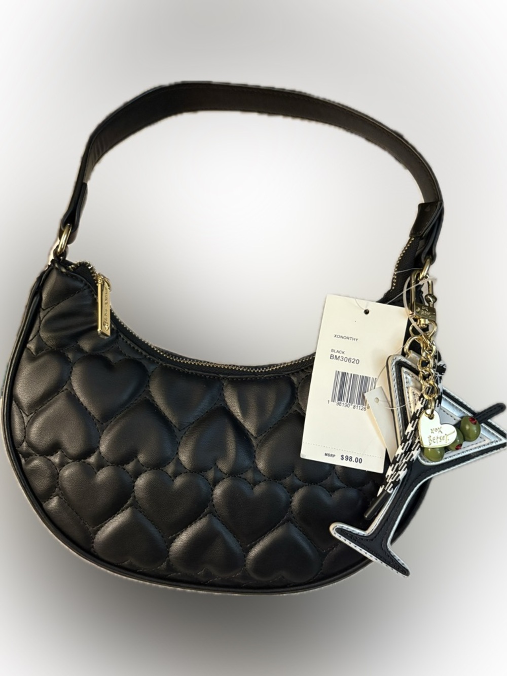 Betsey Johnson Black XONorthy 💎 Quilted Heart Shoulder Bag - Picture 3 of 11
